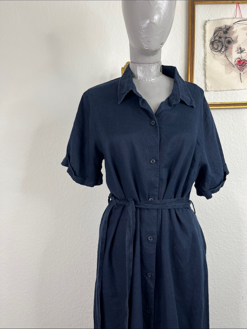 Aritzia Wilfred Eleta Linen Belted Button Front Tie Point Collar Midi Maxi Dress - Picture 3 of 11